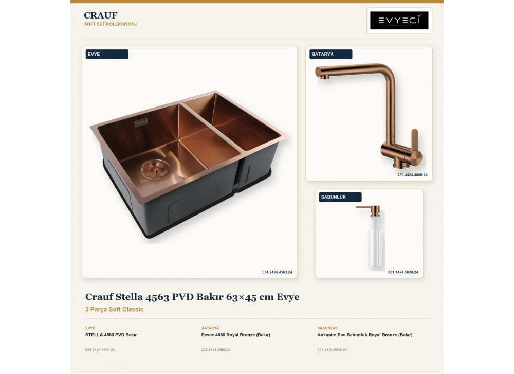 Crauf Stella 4563 PVD Bakır 63×45 cm Evye + Pesce 4060 Batarya + Aynı Renk Sabunluk | 3 Parça Soft Classic Crauf Stella 4563 PVD Bakır 63×45 cm Evye + Pesce 4060 Batarya + Aynı Renk Sabunluk | 3 Parça Soft Classic