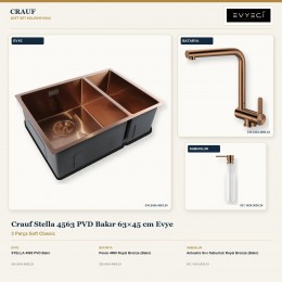 Crauf Stella 4563 PVD Bakır 63×45 cm Evye + Pesce 4060 Batarya + Aynı Renk Sabunluk | 3 Parça Soft Classic