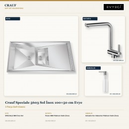 Crauf Speciale 5603 Sol İnox 100×50 cm Evye + Pesce 4060 Batarya + Aynı Renk Sabunluk | 3 Parça Soft Classic