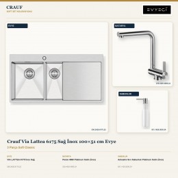 Crauf Via Lattea 6175 Sağ İnox 100×51 cm Evye + Pesce 4060 Batarya + Aynı Renk Sabunluk | 3 Parça Soft Classic