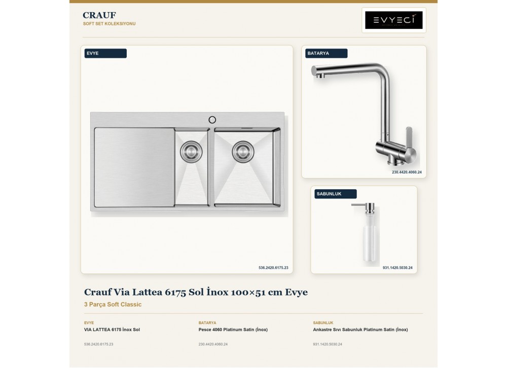 Crauf Via Lattea 6175 Sol İnox 100×51 cm Evye + Pesce 4060 Batarya + Aynı Renk Sabunluk | 3 Parça Soft Classic