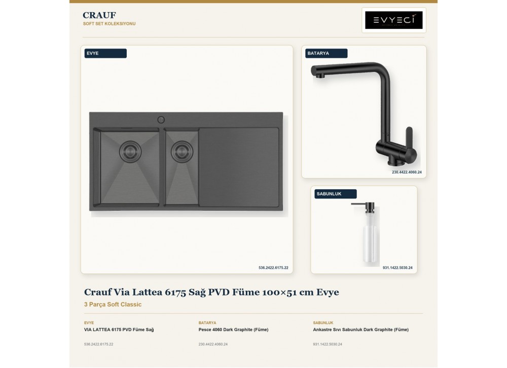 Crauf Via Lattea 6175 Sağ PVD Füme 100×51 cm Evye + Pesce 4060 Batarya + Aynı Renk Sabunluk | 3 Parça Soft Classic Crauf Via Lattea 6175 Sağ PVD Füme 100×51 cm Evye + Pesce 4060 Batarya + Aynı Renk Sabunluk | 3 Parça Soft Classic