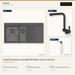 Crauf Via Lattea 6175 Sağ PVD Füme 100×51 cm Evye + Pesce 4060 Batarya + Aynı Renk Sabunluk | 3 Parça Soft Classic
