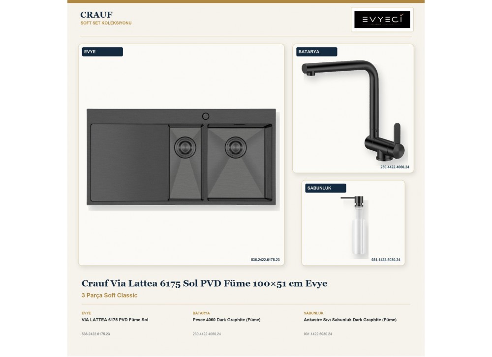 Crauf Via Lattea 6175 Sol PVD Füme 100×51 cm Evye + Pesce 4060 Batarya + Aynı Renk Sabunluk | 3 Parça Soft Classic Crauf Via Lattea 6175 Sol PVD Füme 100×51 cm Evye + Pesce 4060 Batarya + Aynı Renk Sabunluk | 3 Parça Soft Classic