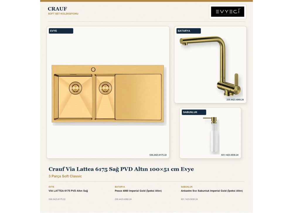 Crauf Via Lattea 6175 Sağ PVD Altın 100×51 cm Evye + Pesce 4060 Batarya + Aynı Renk Sabunluk | 3 Parça Soft Classic Crauf Via Lattea 6175 Sağ PVD Altın 100×51 cm Evye + Pesce 4060 Batarya + Aynı Renk Sabunluk | 3 Parça Soft Classic