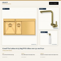 Crauf Via Lattea 6175 Sağ PVD Altın 100×51 cm Evye + Pesce 4060 Batarya + Aynı Renk Sabunluk | 3 Parça Soft Classic