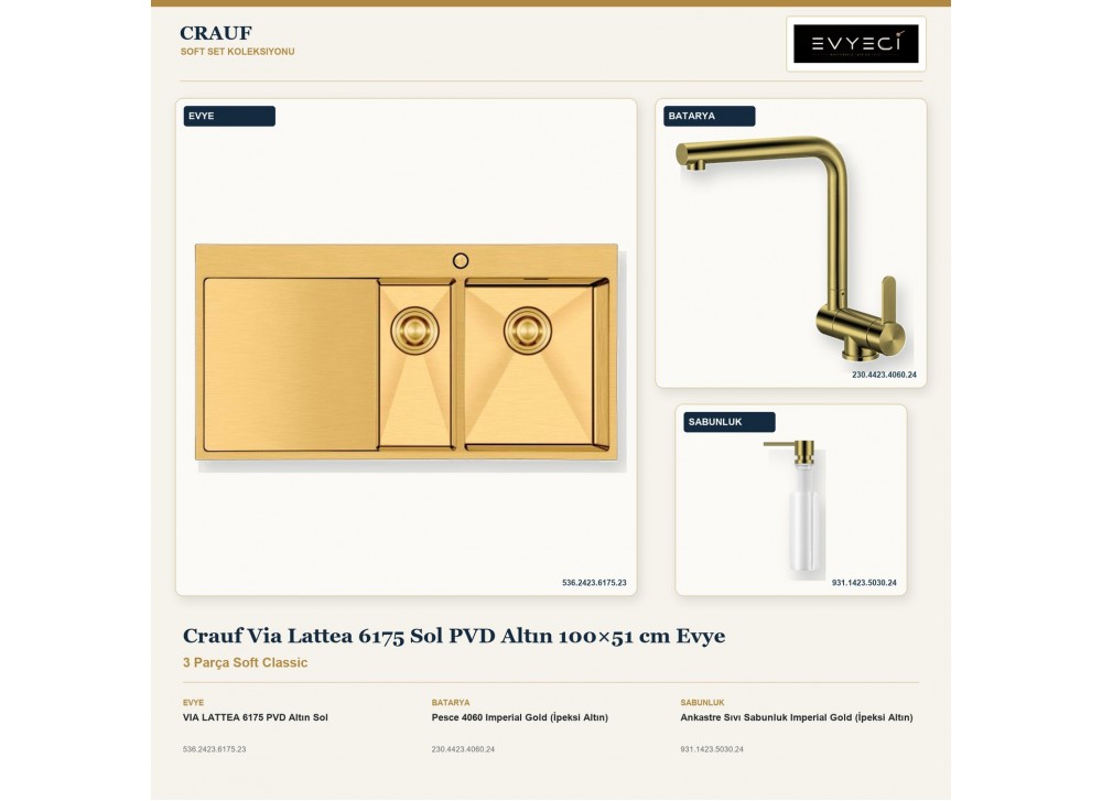 Crauf Via Lattea 6175 Sol PVD Altın 100×51 cm Evye + Pesce 4060 Batarya + Aynı Renk Sabunluk | 3 Parça Soft Classic