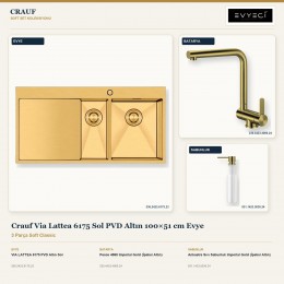 Crauf Via Lattea 6175 Sol PVD Altın 100×51 cm Evye + Pesce 4060 Batarya + Aynı Renk Sabunluk | 3 Parça Soft Classic