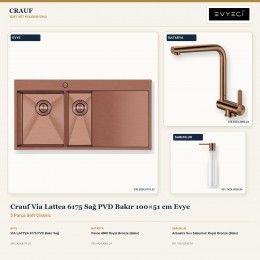 Crauf Via Lattea 6175 Sağ PVD Bakır 100×51 cm Evye + Pesce 4060 Batarya + Aynı Renk Sabunluk | 3 Parça Soft Classic