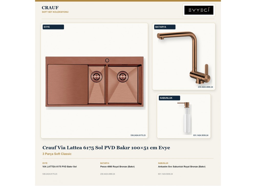 Crauf Via Lattea 6175 Sol PVD Bakır 100×51 cm Evye + Pesce 4060 Batarya + Aynı Renk Sabunluk | 3 Parça Soft Classic