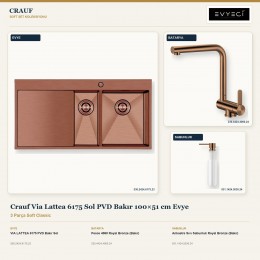 Crauf Via Lattea 6175 Sol PVD Bakır 100×51 cm Evye + Pesce 4060 Batarya + Aynı Renk Sabunluk | 3 Parça Soft Classic
