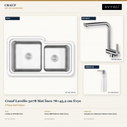 Crauf Lavello 3078 Mat İnox 78×45,2 cm Evye + Pesce 4060 Batarya + Aynı Renk Sabunluk | 3 Parça Soft Classic