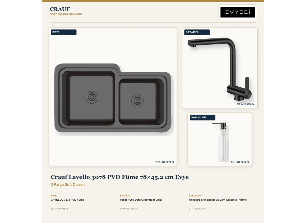 Crauf Lavello 3078 PVD Füme 78×45,2 cm Evye + Pesce 4060 Batarya + Aynı Renk Sabunluk | 3 Parça Soft Classic Crauf Lavello 3078 PVD Füme 78×45,2 cm Evye + Pesce 4060 Batarya + Aynı Renk Sabunluk | 3 Parça Soft Classic