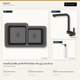 Crauf Lavello 3078 PVD Füme 78×45,2 cm Evye + Pesce 4060 Batarya + Aynı Renk Sabunluk | 3 Parça Soft Classic