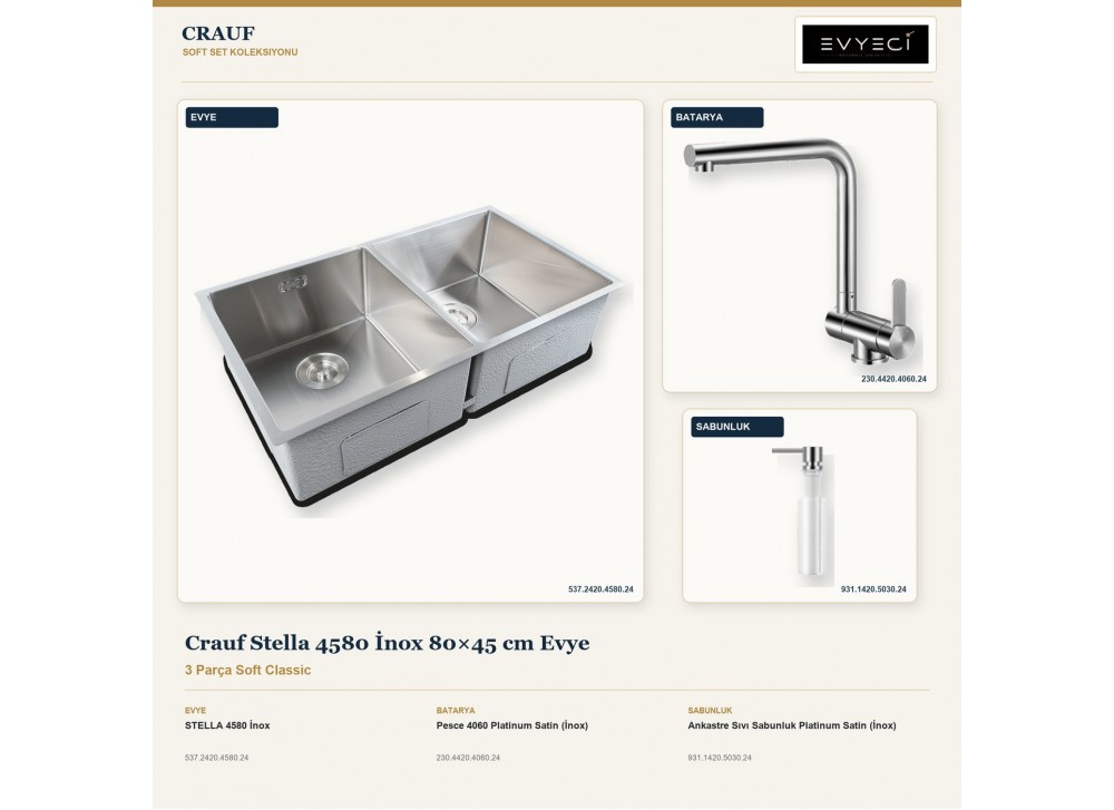 Crauf Stella 4580 İnox 80×45 cm Evye + Pesce 4060 Batarya + Aynı Renk Sabunluk | 3 Parça Soft Classic Crauf Stella 4580 İnox 80×45 cm Evye + Pesce 4060 Batarya + Aynı Renk Sabunluk | 3 Parça Soft Classic
