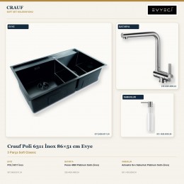 Crauf Poli 6311 İnox 86×51 cm Evye + Pesce 4060 Batarya + Aynı Renk Sabunluk | 3 Parça Soft Classic