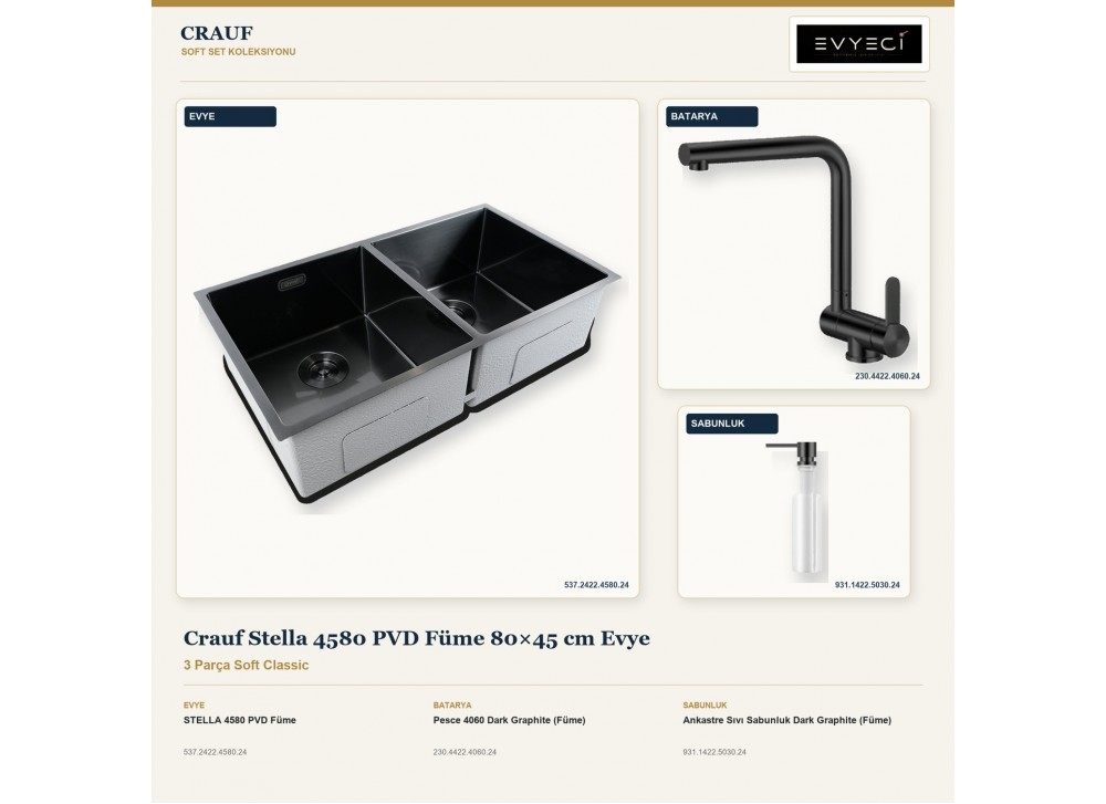 Crauf Stella 4580 PVD Füme 80×45 cm Evye + Pesce 4060 Batarya + Aynı Renk Sabunluk | 3 Parça Soft Classic Crauf Stella 4580 PVD Füme 80×45 cm Evye + Pesce 4060 Batarya + Aynı Renk Sabunluk | 3 Parça Soft Classic