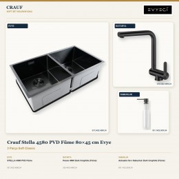 Crauf Stella 4580 PVD Füme 80×45 cm Evye + Pesce 4060 Batarya + Aynı Renk Sabunluk | 3 Parça Soft Classic