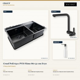 Crauf Poli 6311 PVD Füme 86×51 cm Evye + Pesce 4060 Batarya + Aynı Renk Sabunluk | 3 Parça Soft Classic