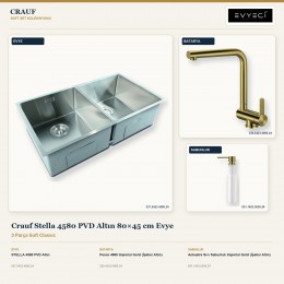 Crauf Stella 4580 PVD Altın 80×45 cm Evye + Pesce 4060 Batarya + Aynı Renk Sabunluk | 3 Parça Soft Classic