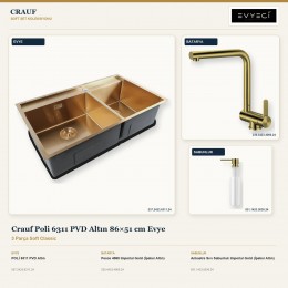 Crauf Poli 6311 PVD Altın 86×51 cm Evye + Pesce 4060 Batarya + Aynı Renk Sabunluk | 3 Parça Soft Classic