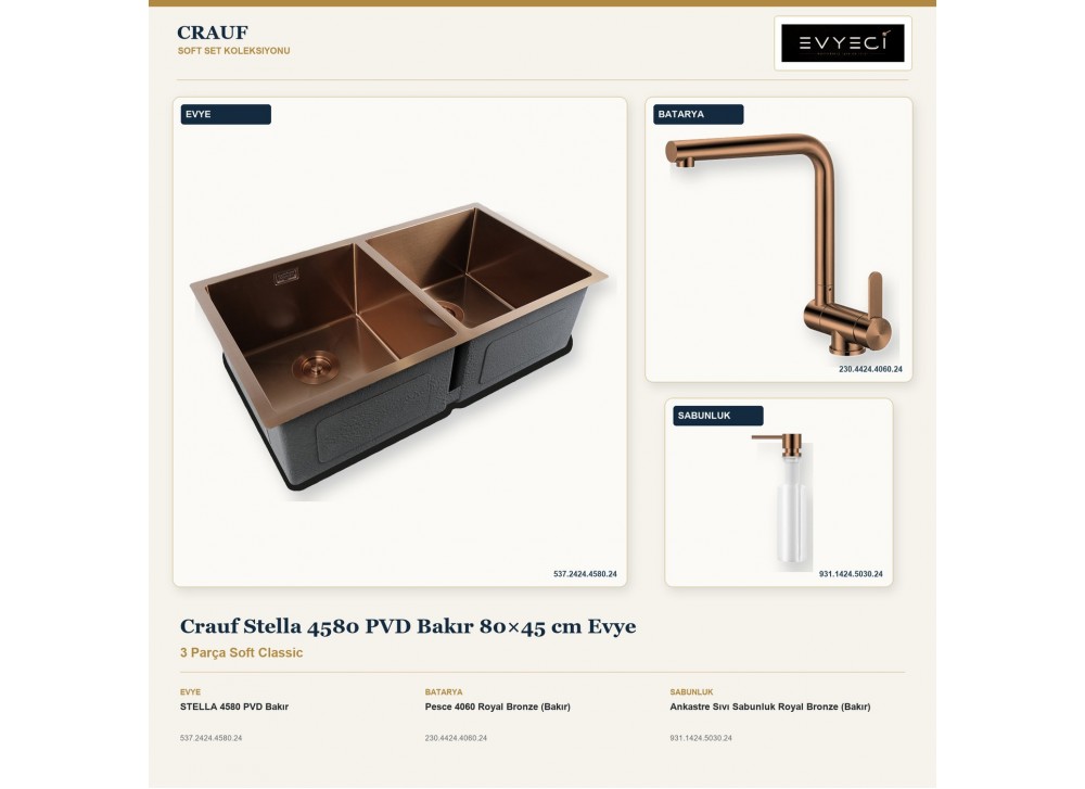 Crauf Stella 4580 PVD Bakır 80×45 cm Evye + Pesce 4060 Batarya + Aynı Renk Sabunluk | 3 Parça Soft Classic Crauf Stella 4580 PVD Bakır 80×45 cm Evye + Pesce 4060 Batarya + Aynı Renk Sabunluk | 3 Parça Soft Classic