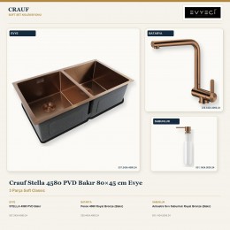 Crauf Stella 4580 PVD Bakır 80×45 cm Evye + Pesce 4060 Batarya + Aynı Renk Sabunluk | 3 Parça Soft Classic