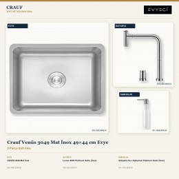 Crauf Venüs 3049 Mat İnox 49×44 cm Evye + Lusso 4030 Batarya + Aynı Renk Sabunluk | 3 Parça Soft Flex