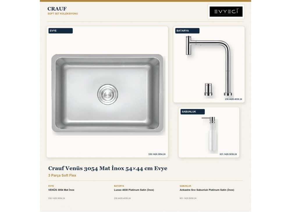 Crauf Venüs 3054 Mat İnox 54×44 cm Evye + Lusso 4030 Batarya + Aynı Renk Sabunluk | 3 Parça Soft Flex Crauf Venüs 3054 Mat İnox 54×44 cm Evye + Lusso 4030 Batarya + Aynı Renk Sabunluk | 3 Parça Soft Flex