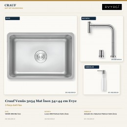 Crauf Venüs 3054 Mat İnox 54×44 cm Evye + Lusso 4030 Batarya + Aynı Renk Sabunluk | 3 Parça Soft Flex
