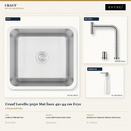 Crauf Lavello 3050 Mat İnox 49×44 cm Evye + Lusso 4030 Batarya + Aynı Renk Sabunluk | 3 Parça Soft Flex