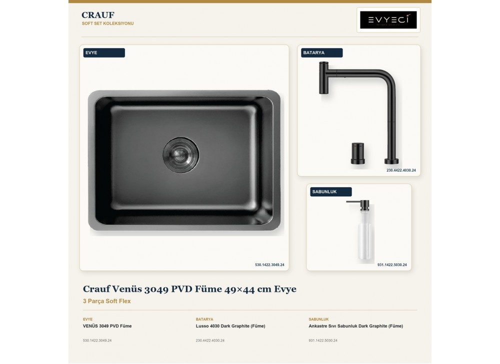 Crauf Venüs 3049 PVD Füme 49×44 cm Evye + Lusso 4030 Batarya + Aynı Renk Sabunluk | 3 Parça Soft Flex Crauf Venüs 3049 PVD Füme 49×44 cm Evye + Lusso 4030 Batarya + Aynı Renk Sabunluk | 3 Parça Soft Flex