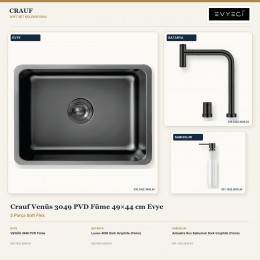 Crauf Venüs 3049 PVD Füme 49×44 cm Evye + Lusso 4030 Batarya + Aynı Renk Sabunluk | 3 Parça Soft Flex