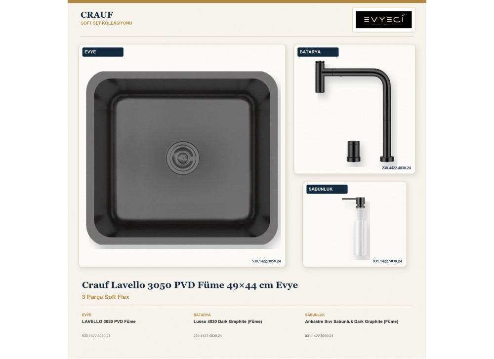 Crauf Lavello 3050 PVD Füme 49×44 cm Evye + Lusso 4030 Batarya + Aynı Renk Sabunluk | 3 Parça Soft Flex Crauf Lavello 3050 PVD Füme 49×44 cm Evye + Lusso 4030 Batarya + Aynı Renk Sabunluk | 3 Parça Soft Flex
