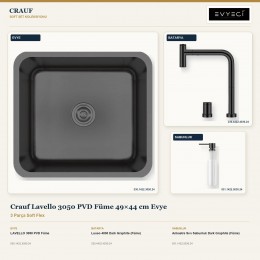 Crauf Lavello 3050 PVD Füme 49×44 cm Evye + Lusso 4030 Batarya + Aynı Renk Sabunluk | 3 Parça Soft Flex