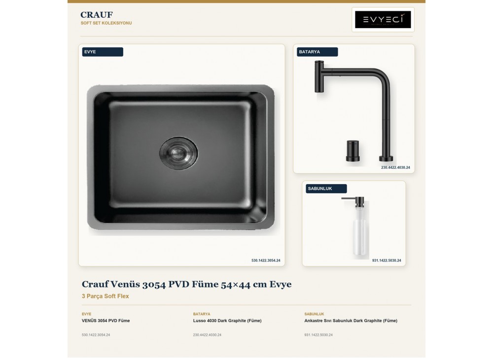 Crauf Venüs 3054 PVD Füme 54×44 cm Evye + Lusso 4030 Batarya + Aynı Renk Sabunluk | 3 Parça Soft Flex Crauf Venüs 3054 PVD Füme 54×44 cm Evye + Lusso 4030 Batarya + Aynı Renk Sabunluk | 3 Parça Soft Flex