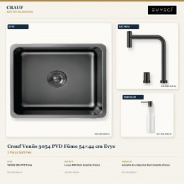 Crauf Venüs 3054 PVD Füme 54×44 cm Evye + Lusso 4030 Batarya + Aynı Renk Sabunluk | 3 Parça Soft Flex