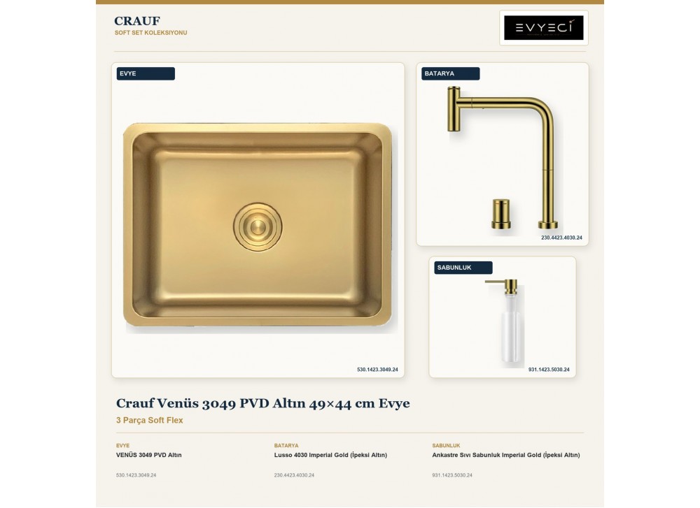 Crauf Venüs 3049 PVD Altın 49×44 cm Evye + Lusso 4030 Batarya + Aynı Renk Sabunluk | 3 Parça Soft Flex Crauf Venüs 3049 PVD Altın 49×44 cm Evye + Lusso 4030 Batarya + Aynı Renk Sabunluk | 3 Parça Soft Flex