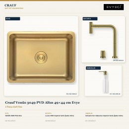 Crauf Venüs 3049 PVD Altın 49×44 cm Evye + Lusso 4030 Batarya + Aynı Renk Sabunluk | 3 Parça Soft Flex