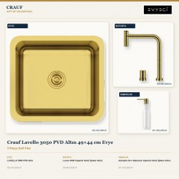 Crauf Lavello 3050 PVD Altın 49×44 cm Evye + Lusso 4030 Batarya + Aynı Renk Sabunluk | 3 Parça Soft Flex