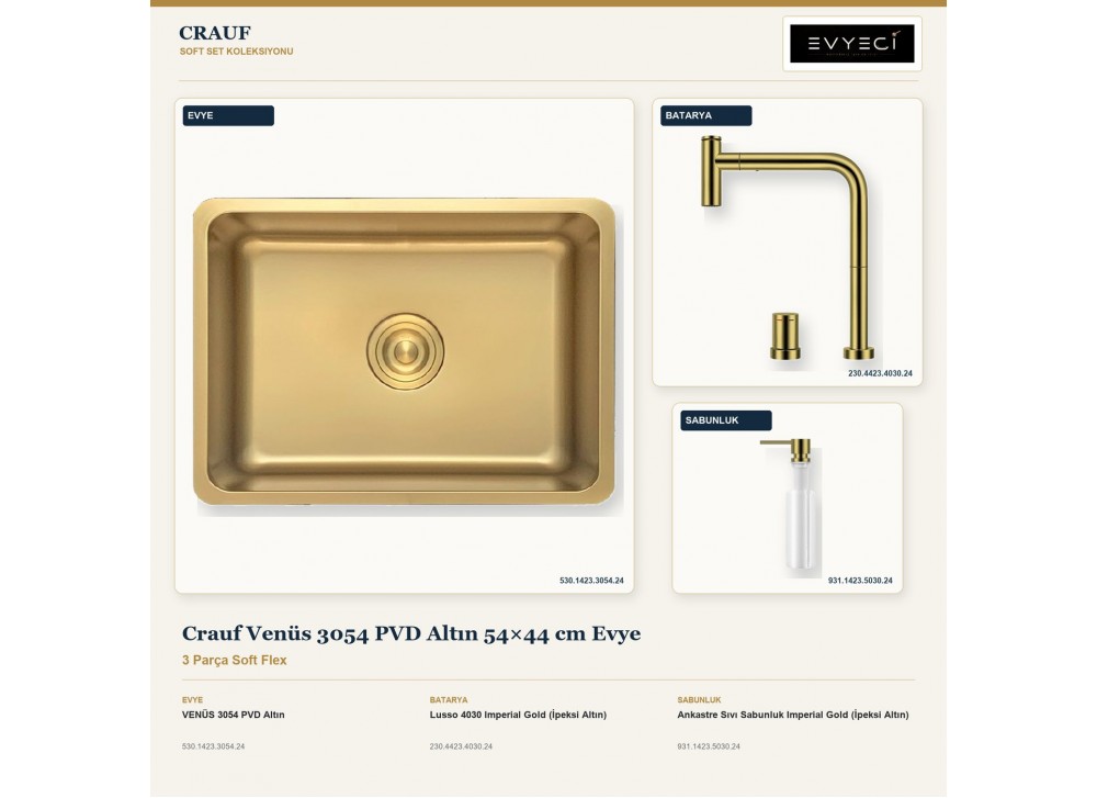 Crauf Venüs 3054 PVD Altın 54×44 cm Evye + Lusso 4030 Batarya + Aynı Renk Sabunluk | 3 Parça Soft Flex Crauf Venüs 3054 PVD Altın 54×44 cm Evye + Lusso 4030 Batarya + Aynı Renk Sabunluk | 3 Parça Soft Flex