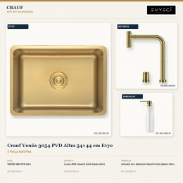 Crauf Venüs 3054 PVD Altın 54×44 cm Evye + Lusso 4030 Batarya + Aynı Renk Sabunluk | 3 Parça Soft Flex