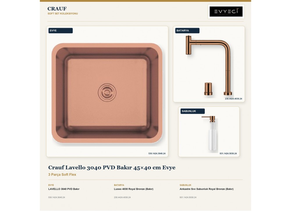 Crauf Lavello 3040 PVD Bakır 45×40 cm Evye + Lusso 4030 Batarya + Aynı Renk Sabunluk | 3 Parça Soft Flex Crauf Lavello 3040 PVD Bakır 45×40 cm Evye + Lusso 4030 Batarya + Aynı Renk Sabunluk | 3 Parça Soft Flex