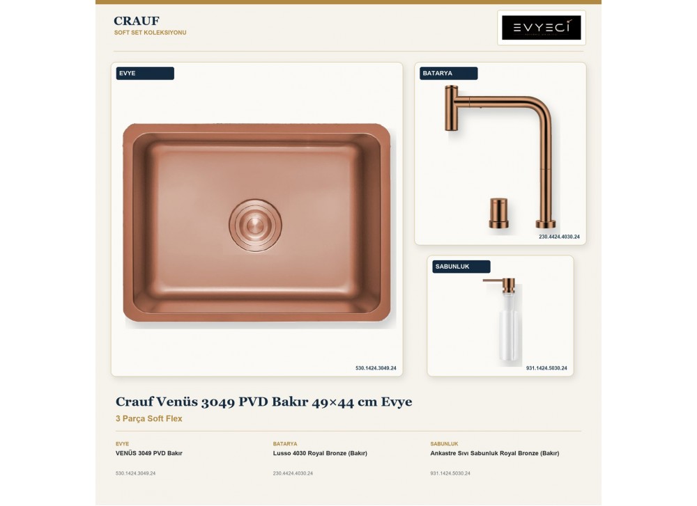 Crauf Venüs 3049 PVD Bakır 49×44 cm Evye + Lusso 4030 Batarya + Aynı Renk Sabunluk | 3 Parça Soft Flex Crauf Venüs 3049 PVD Bakır 49×44 cm Evye + Lusso 4030 Batarya + Aynı Renk Sabunluk | 3 Parça Soft Flex
