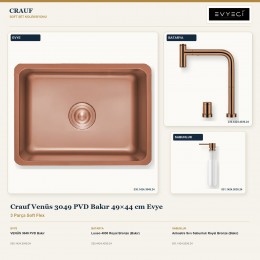Crauf Venüs 3049 PVD Bakır 49×44 cm Evye + Lusso 4030 Batarya + Aynı Renk Sabunluk | 3 Parça Soft Flex