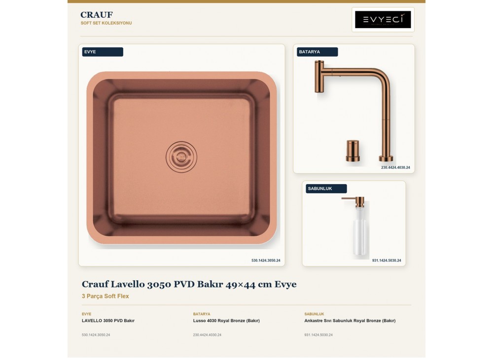 Crauf Lavello 3050 PVD Bakır 49×44 cm Evye + Lusso 4030 Batarya + Aynı Renk Sabunluk | 3 Parça Soft Flex Crauf Lavello 3050 PVD Bakır 49×44 cm Evye + Lusso 4030 Batarya + Aynı Renk Sabunluk | 3 Parça Soft Flex