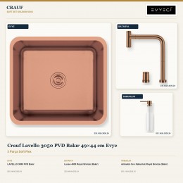 Crauf Lavello 3050 PVD Bakır 49×44 cm Evye + Lusso 4030 Batarya + Aynı Renk Sabunluk | 3 Parça Soft Flex