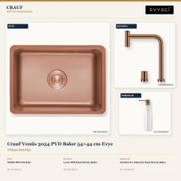 Crauf Venüs 3054 PVD Bakır 54×44 cm Evye + Lusso 4030 Batarya + Aynı Renk Sabunluk | 3 Parça Soft Flex