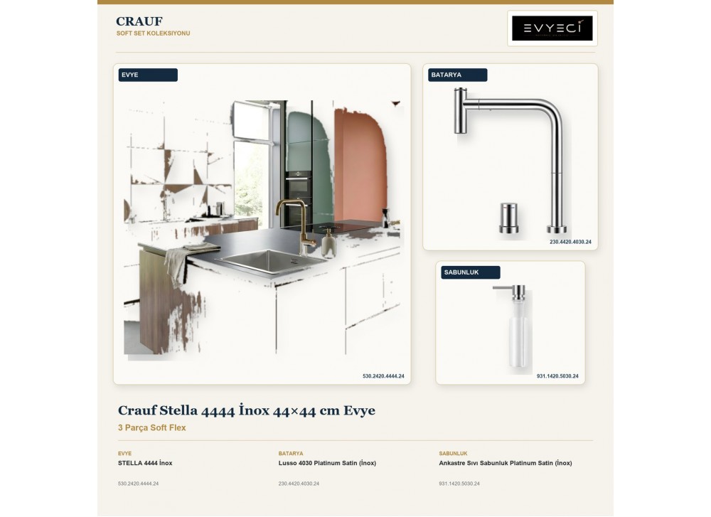 Crauf Stella 4444 İnox 44×44 cm Evye + Lusso 4030 Batarya + Aynı Renk Sabunluk | 3 Parça Soft Flex Crauf Stella 4444 İnox 44×44 cm Evye + Lusso 4030 Batarya + Aynı Renk Sabunluk | 3 Parça Soft Flex