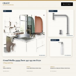 Crauf Stella 4444 İnox 44×44 cm Evye + Lusso 4030 Batarya + Aynı Renk Sabunluk | 3 Parça Soft Flex